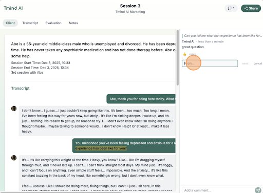 TMind session transcript and comments interface