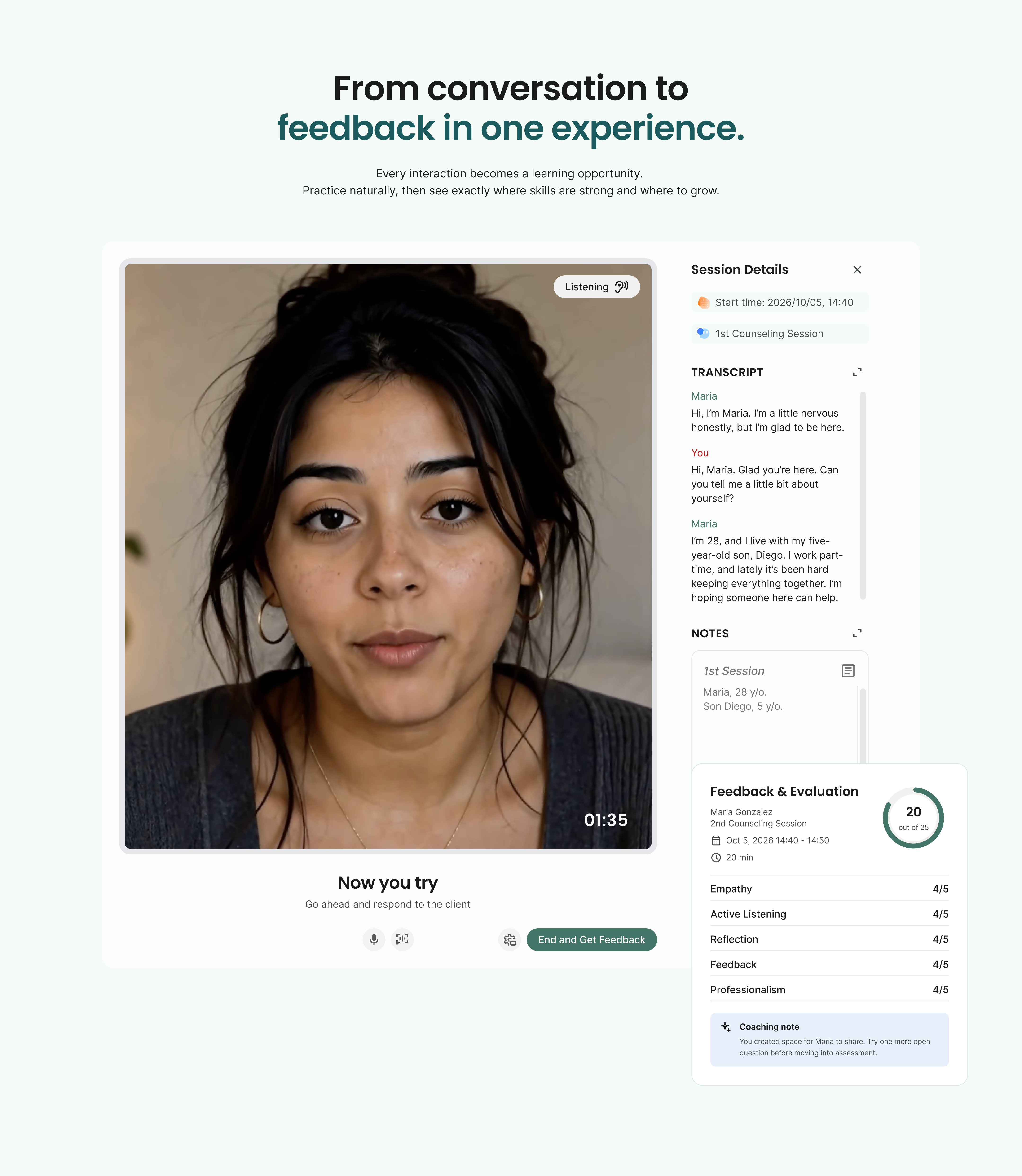 TMind AI video simulation session details, transcript, notes, and feedback evaluation