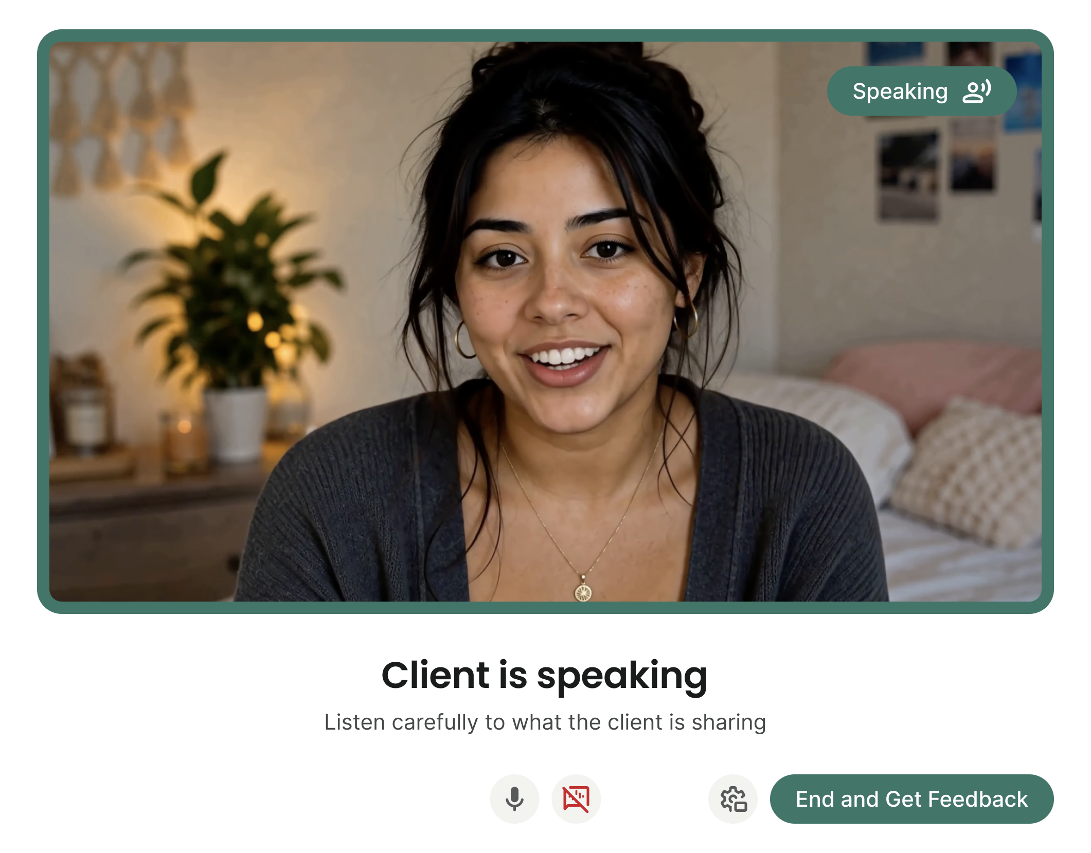 TMind AI video simulation with a speaking client and session controls